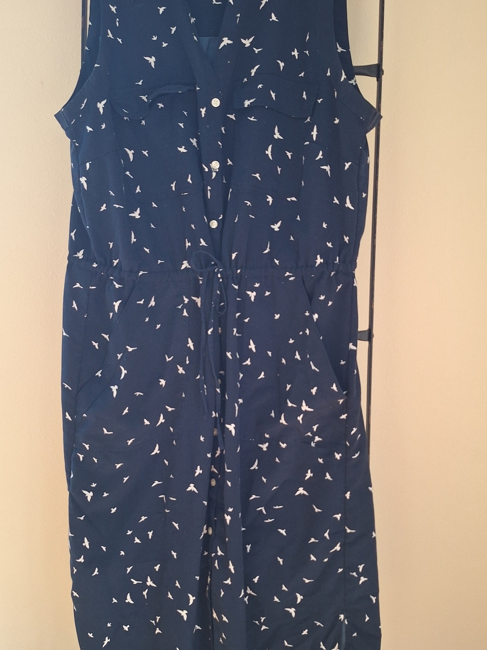 GAP Navy Midi Dress with White Bird Print and Drawstring Waist